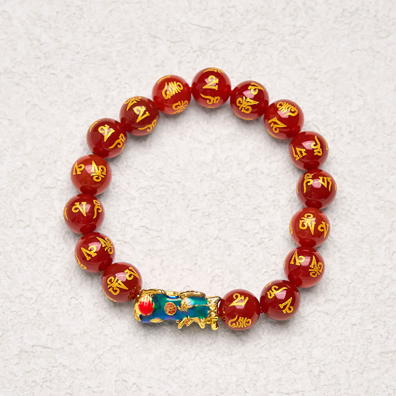 Fortune Jewel Red Agate Color Change PiXiu Om Mani Padme Hum Calm Bracelet