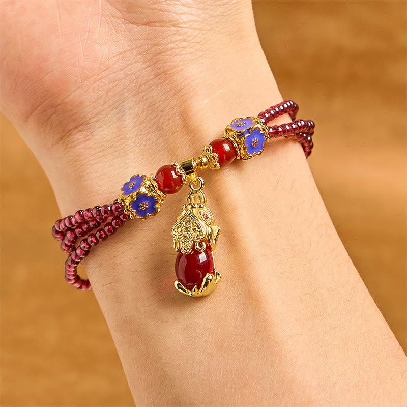 Fortune Jewel Natural 3mm Garnet Beads PiXiu Flower Purification Multilayer Bracelet