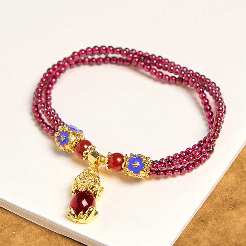 Fortune Jewel Natural 3mm Garnet Beads PiXiu Flower Purification Multilayer Bracelet