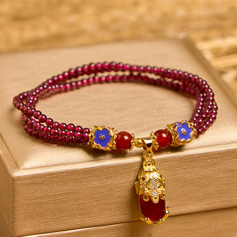 Fortune Jewel Natural 3mm Garnet Beads PiXiu Flower Purification Multilayer Bracelet