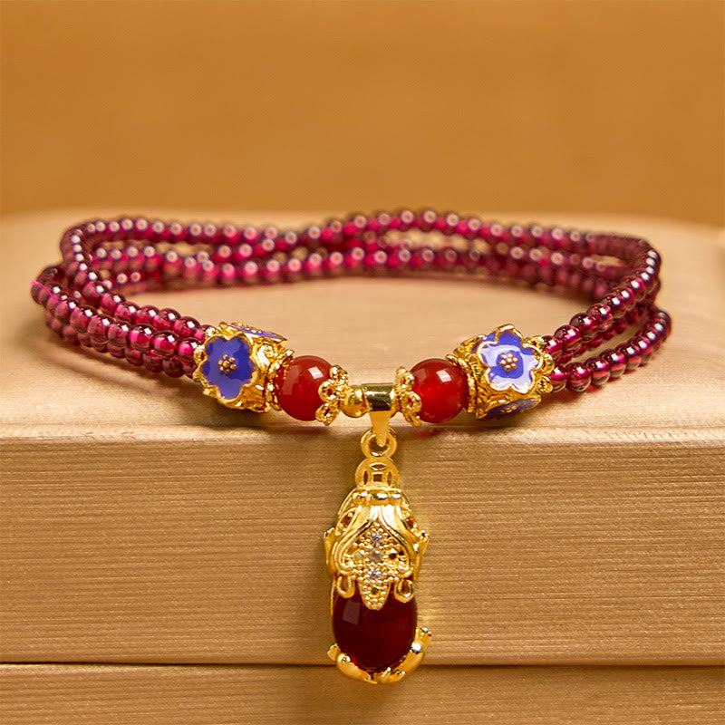 Fortune Jewel Natural 3mm Garnet Beads PiXiu Flower Purification Multilayer Bracelet