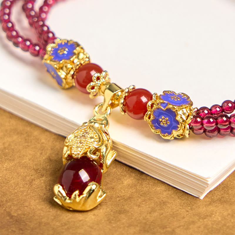 Fortune Jewel Natural 3mm Garnet Beads PiXiu Flower Purification Multilayer Bracelet