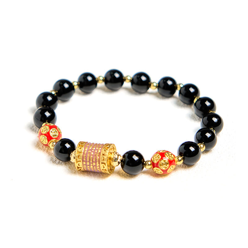 Fortune Jewel Natural Black Onyx Five Scripture Copper Coins Fortune Bracelet