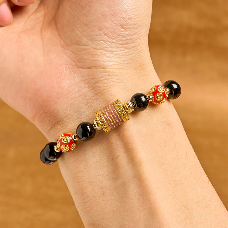 Fortune Jewel Natural Black Onyx Five Scripture Copper Coins Fortune Bracelet