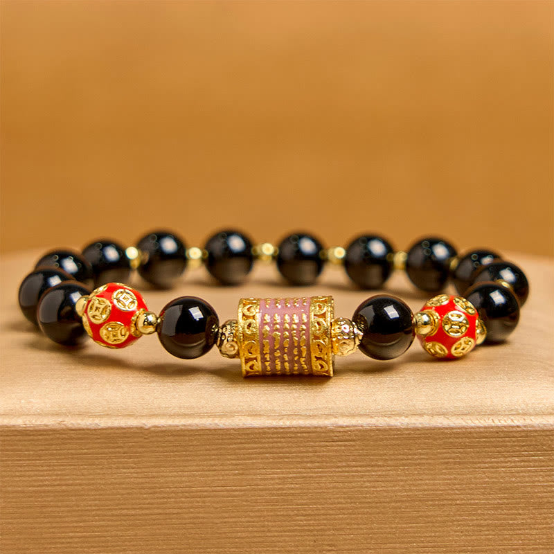 Fortune Jewel Natural Black Onyx Five Scripture Copper Coins Fortune Bracelet