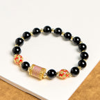 Fortune Jewel Natural Black Onyx Five Scripture Copper Coins Fortune Bracelet