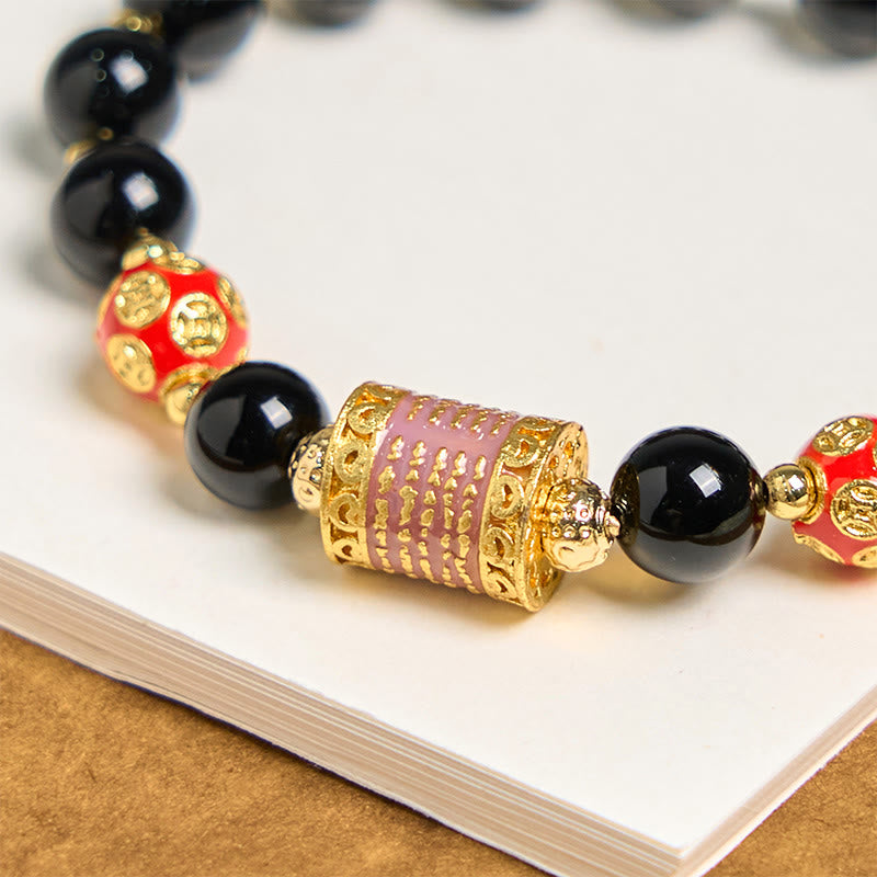Fortune Jewel Natural Black Onyx Five Scripture Copper Coins Fortune Bracelet