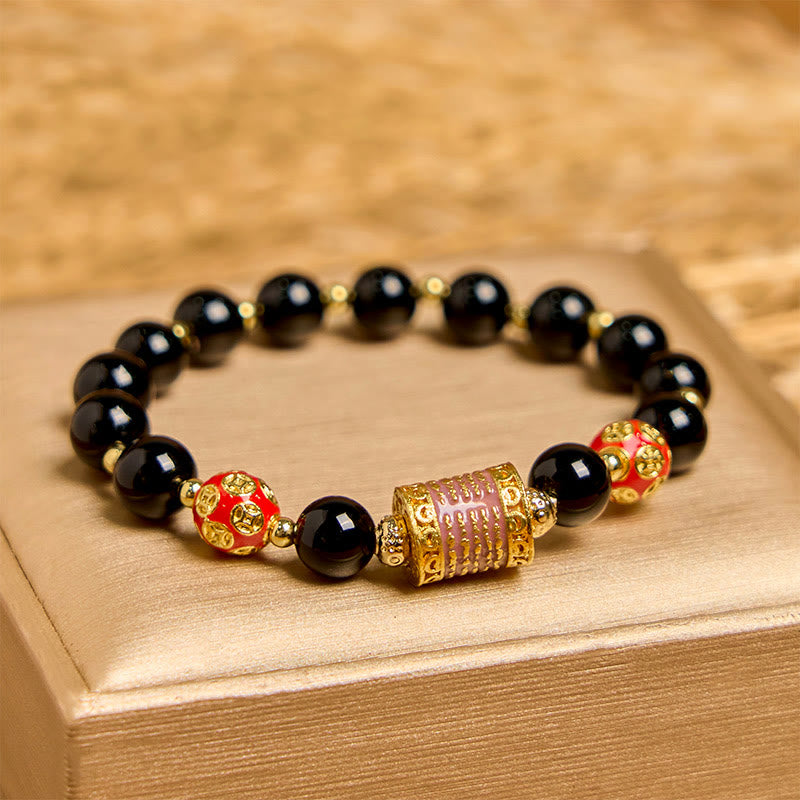 Fortune Jewel Natural Black Onyx Five Scripture Copper Coins Fortune Bracelet