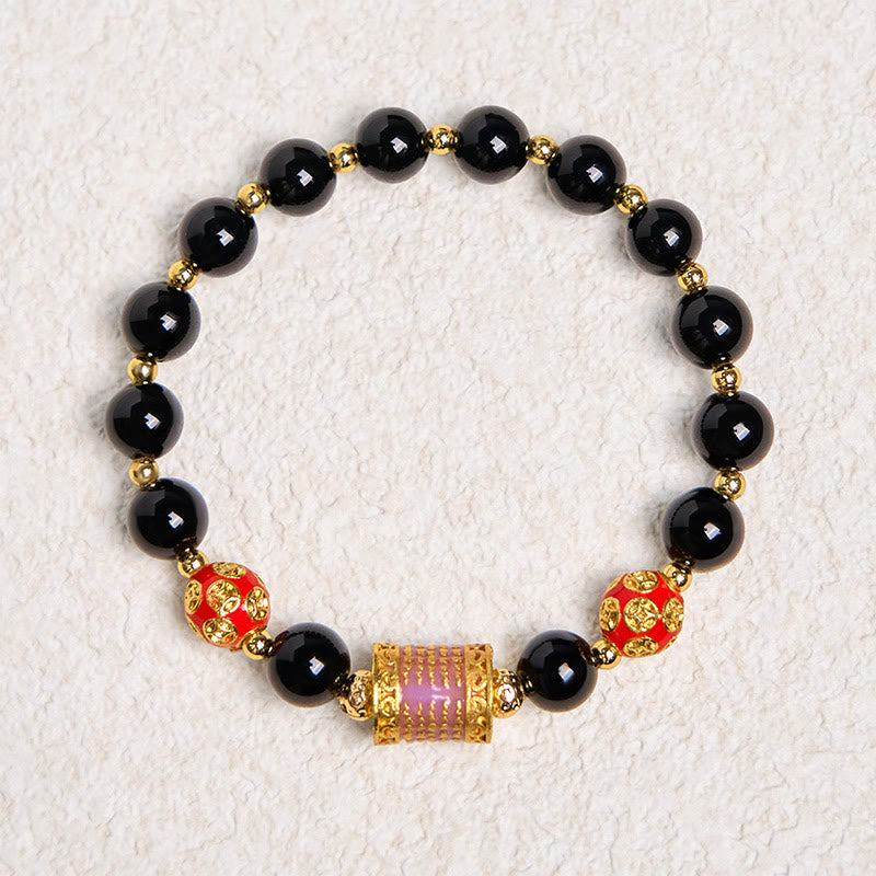 Fortune Jewel Natural Black Onyx Five Scripture Copper Coins Fortune Bracelet