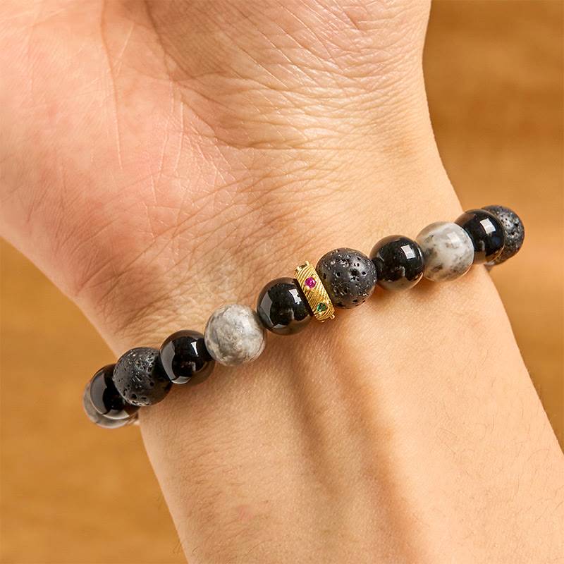 Fortune Jewel Lava Rock Black Onyx Picasso Jasper Healing Bracelet