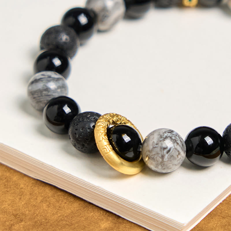 Fortune Jewel Lava Rock Black Onyx Picasso Jasper Healing Bracelet