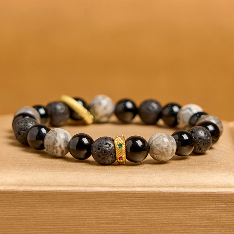 Fortune Jewel Lava Rock Black Onyx Picasso Jasper Healing Bracelet