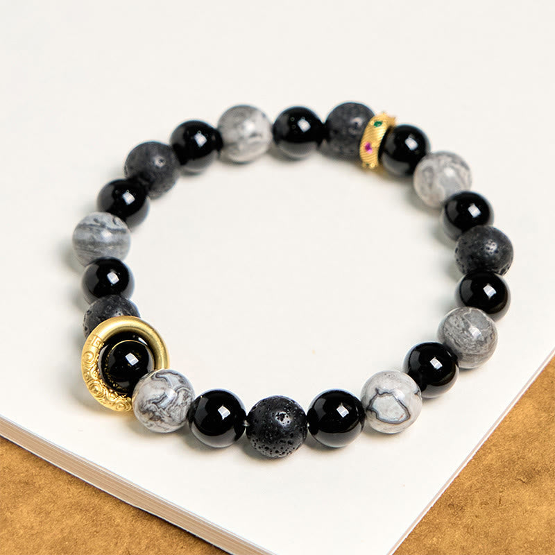 Fortune Jewel Lava Rock Black Onyx Picasso Jasper Healing Bracelet