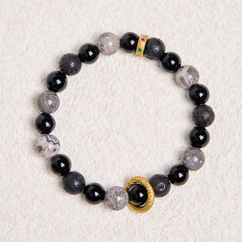 Fortune Jewel Lava Rock Black Onyx Picasso Jasper Healing Bracelet