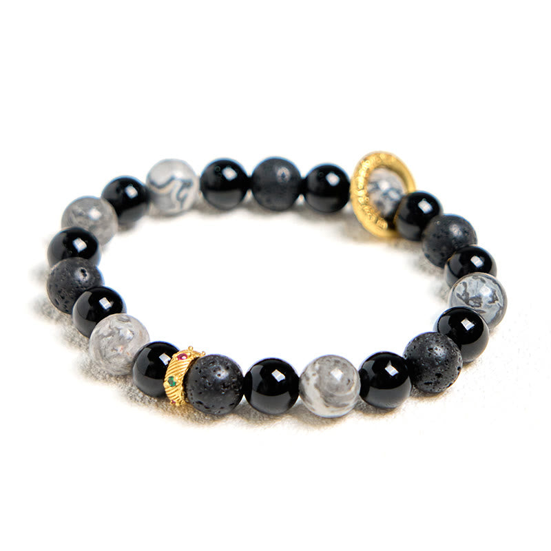 Fortune Jewel Lava Rock Black Onyx Picasso Jasper Healing Bracelet