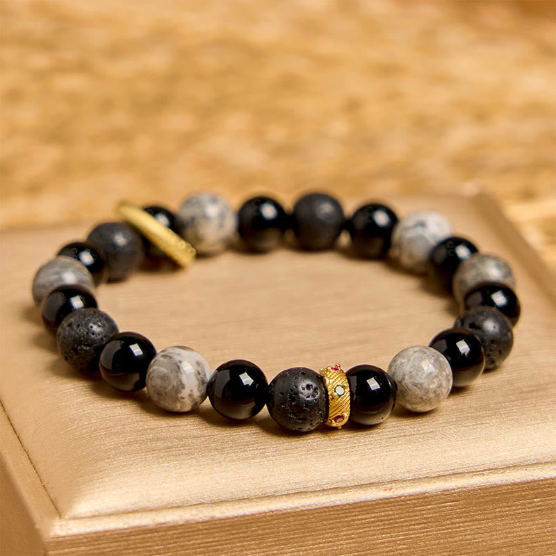 Fortune Jewel Lava Rock Black Onyx Picasso Jasper Healing Bracelet