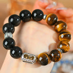 Fortune Jewel Natural Silver Sheen Obsidian Tiger Eye Vajra Protection Bracelet