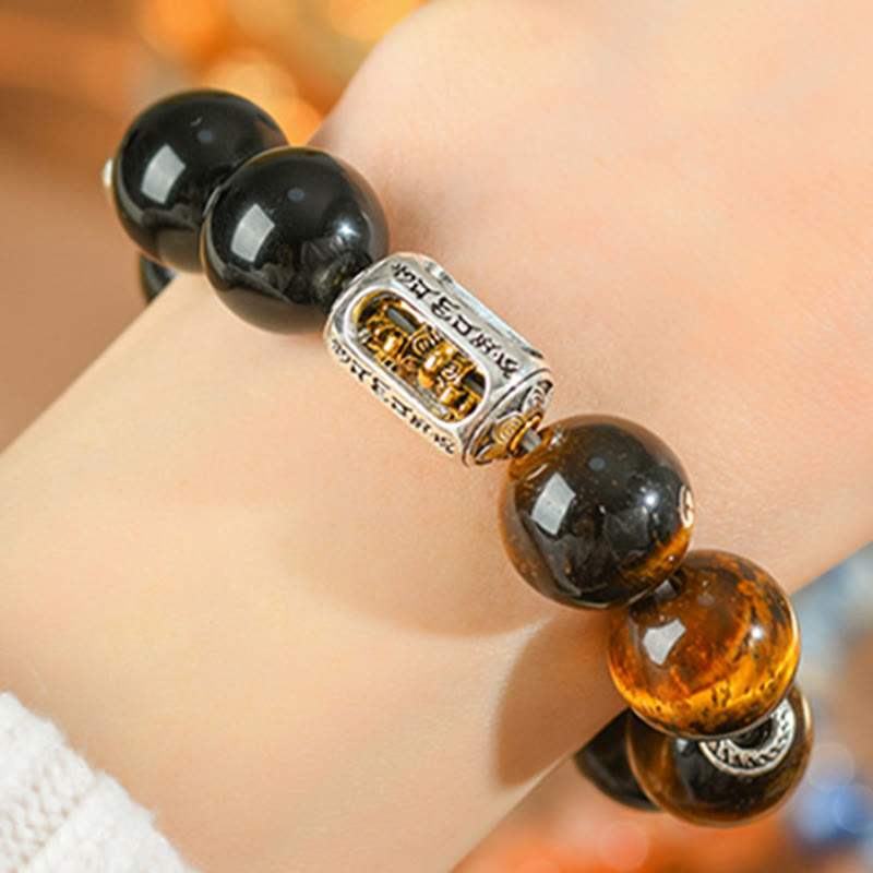 Fortune Jewel Natural Silver Sheen Obsidian Tiger Eye Vajra Protection Bracelet