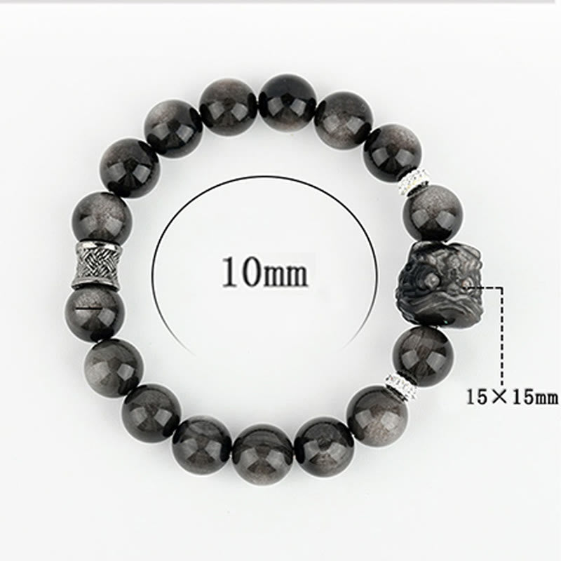 Fortune Jewel Natural Silver Sheen Obsidian Lion Dance Protection Bracelet