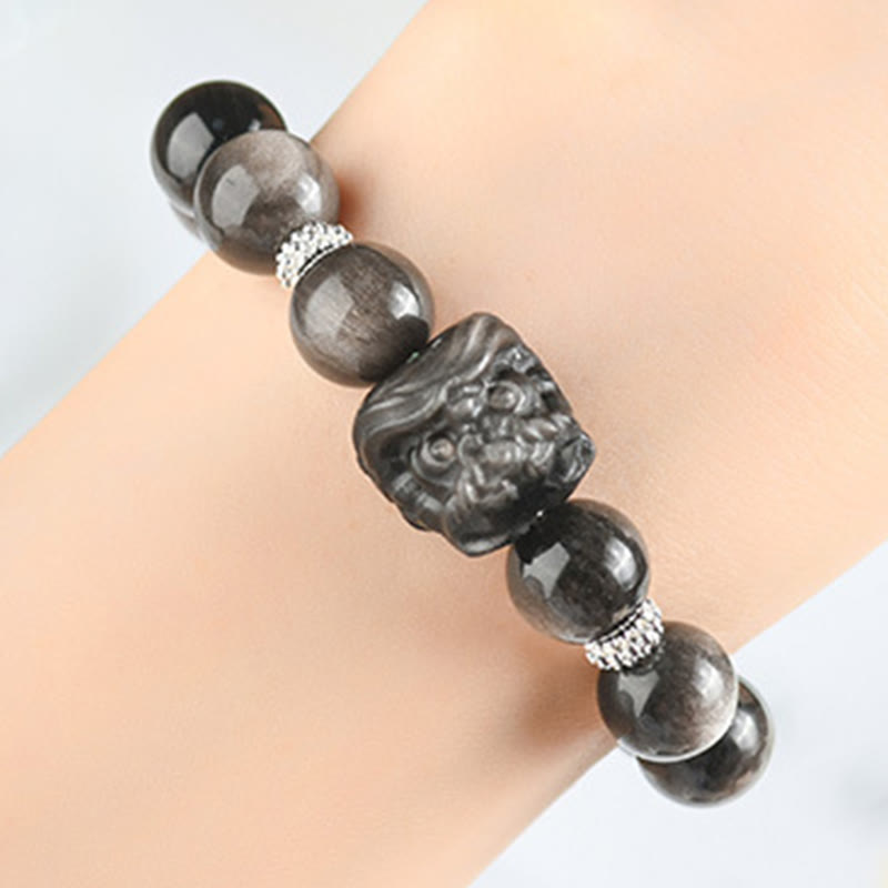 Fortune Jewel Natural Silver Sheen Obsidian Lion Dance Protection Bracelet