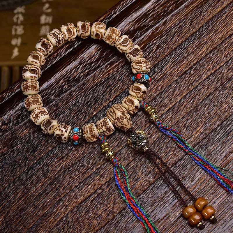 Fortune Jewel Tibetan Camel Bone Garuda Carved Protection Tassel Bracelet