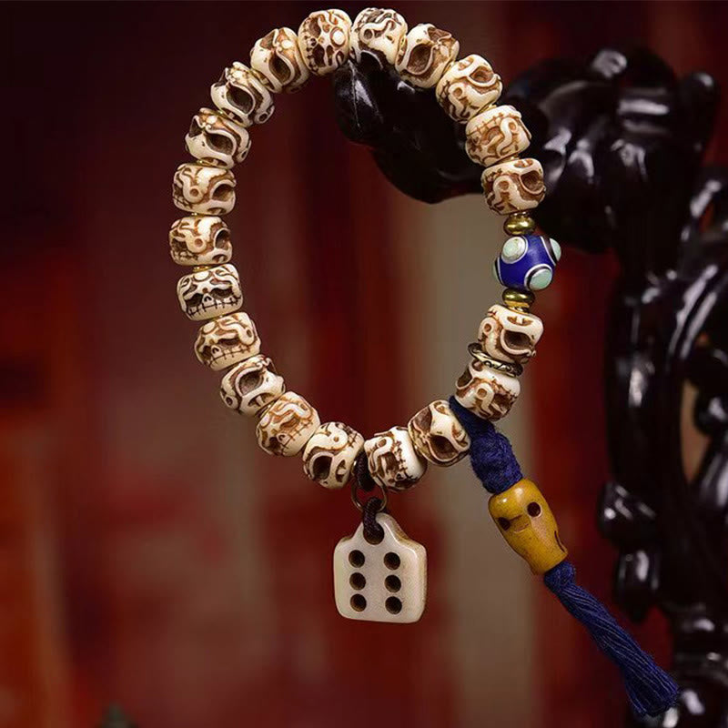 Fortune Jewel Tibetan Camel Bone Garuda Carved Protection Tassel Bracelet