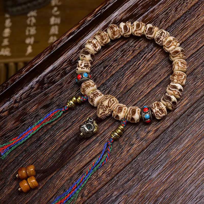 Fortune Jewel Tibetan Camel Bone Garuda Carved Protection Tassel Bracelet