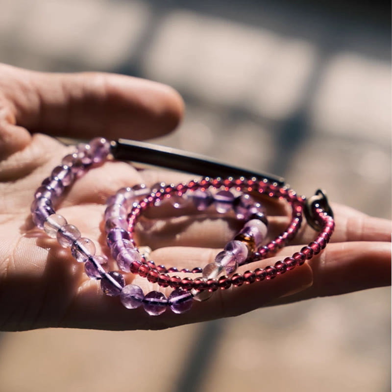 Fortune Jewel Retro 6mm Amethyst 4mm Garnet Multilayer Balance Bracelet