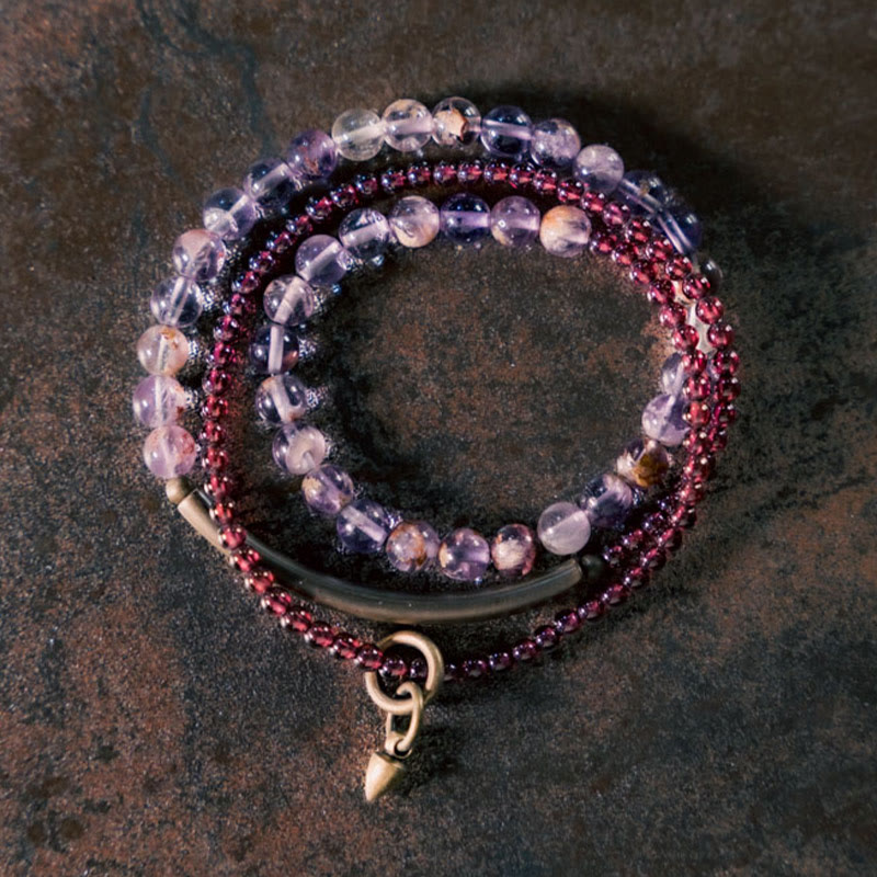Fortune Jewel Retro 6mm Amethyst 4mm Garnet Multilayer Balance Bracelet