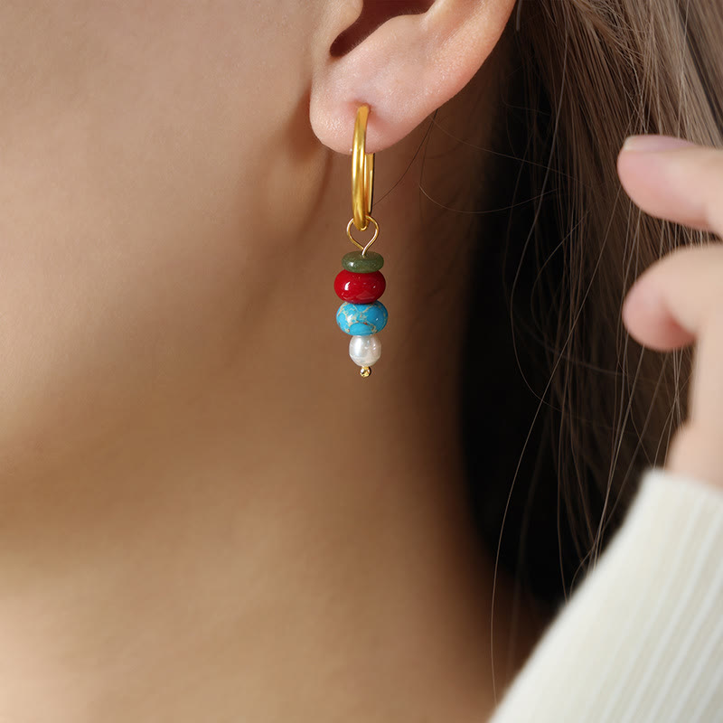 Fortune Jewel Tibetan Marnyi Stone Design Natural Red Agate Pearl Confidence Titanium Steel Earrings
