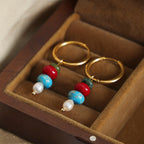 Fortune Jewel Tibetan Marnyi Stone Design Natural Red Agate Pearl Confidence Titanium Steel Earrings