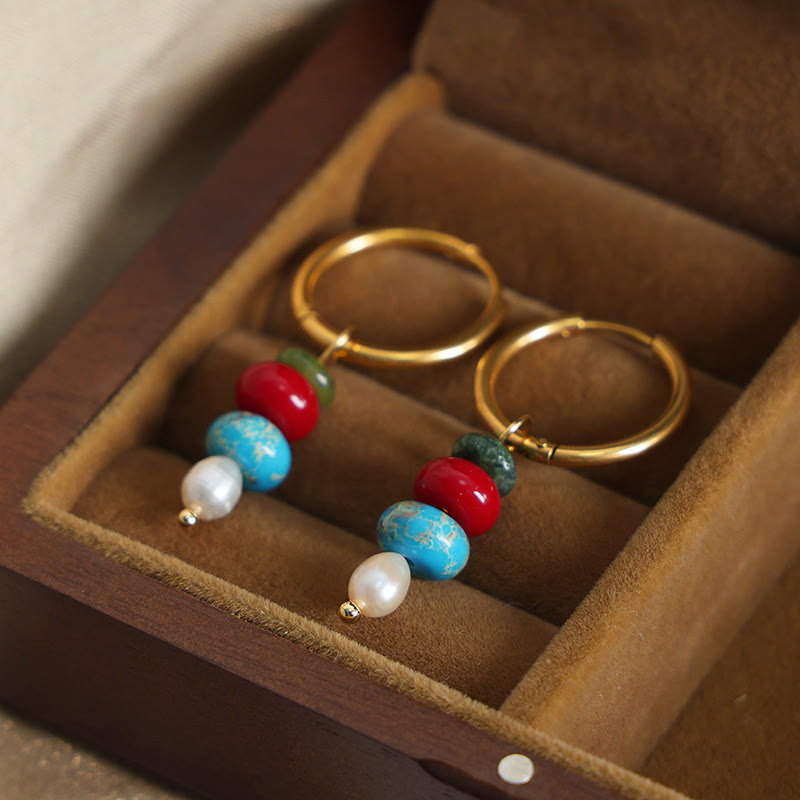 Fortune Jewel Tibetan Marnyi Stone Design Natural Red Agate Pearl Confidence Titanium Steel Earrings