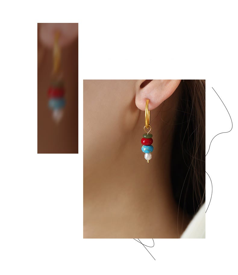 Fortune Jewel Tibetan Marnyi Stone Design Natural Red Agate Pearl Confidence Titanium Steel Earrings