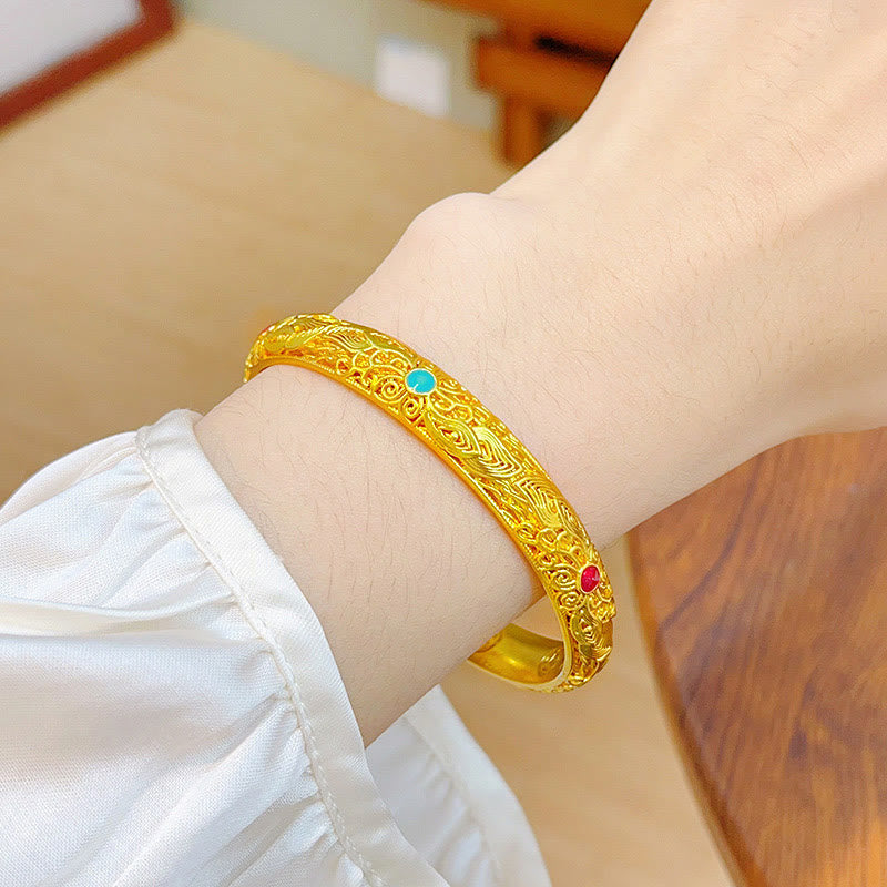 Fortune Jewel Copper Plated Gold Flowers Leaves Luck Bracelet Bangle