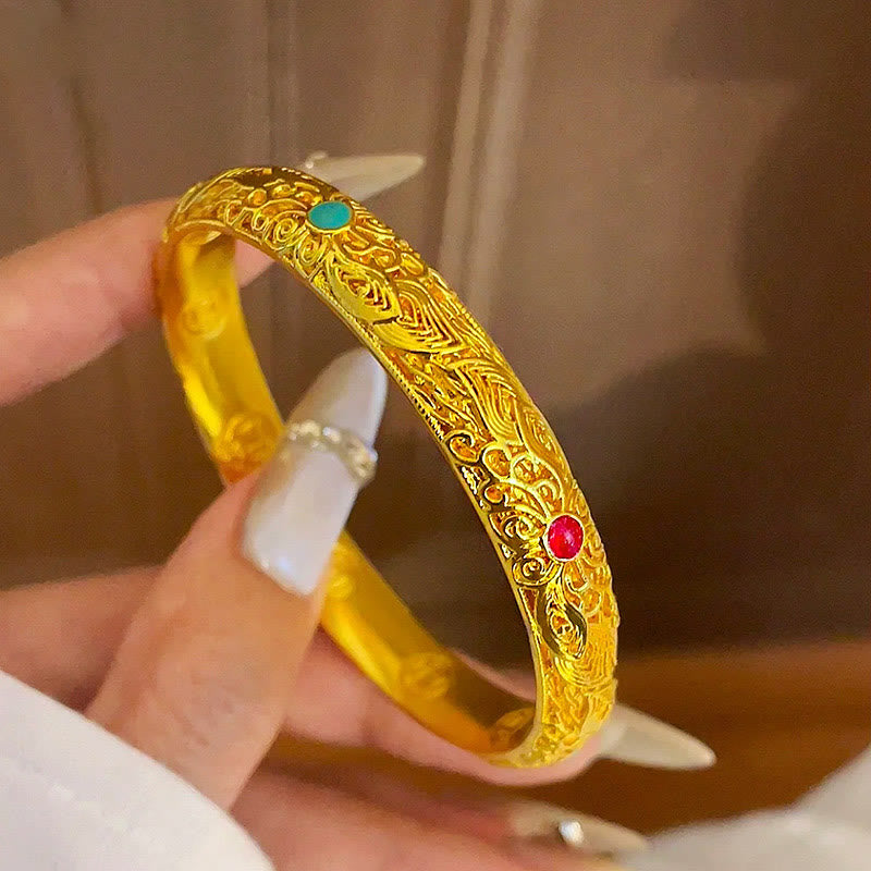 Fortune Jewel Copper Plated Gold Flowers Leaves Luck Bracelet Bangle