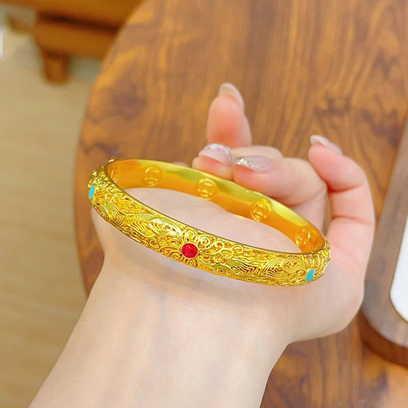 Fortune Jewel Copper Plated Gold Flowers Leaves Luck Bracelet Bangle