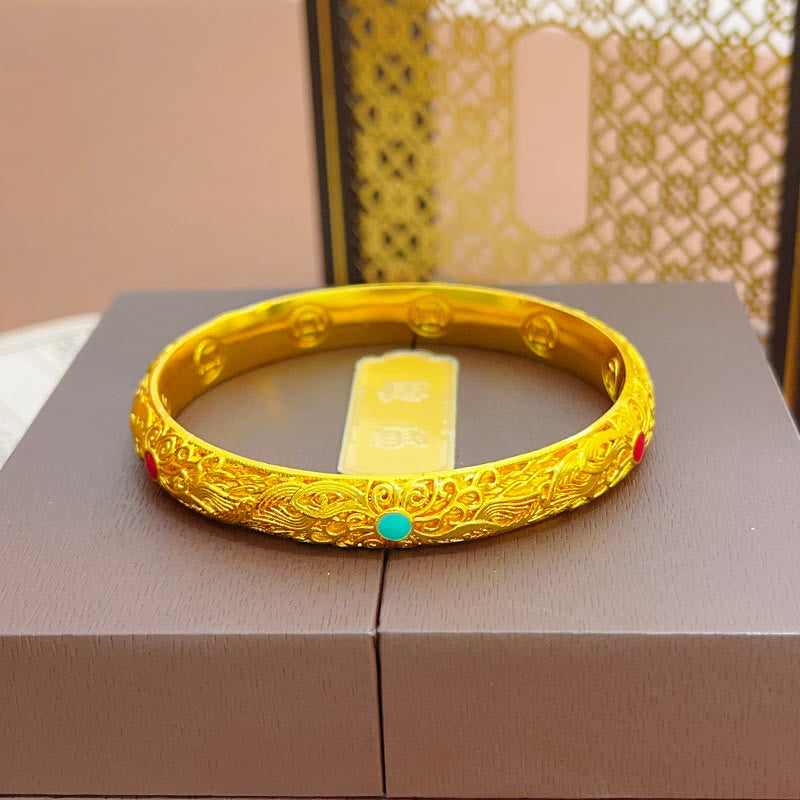Fortune Jewel Copper Plated Gold Flowers Leaves Luck Bracelet Bangle