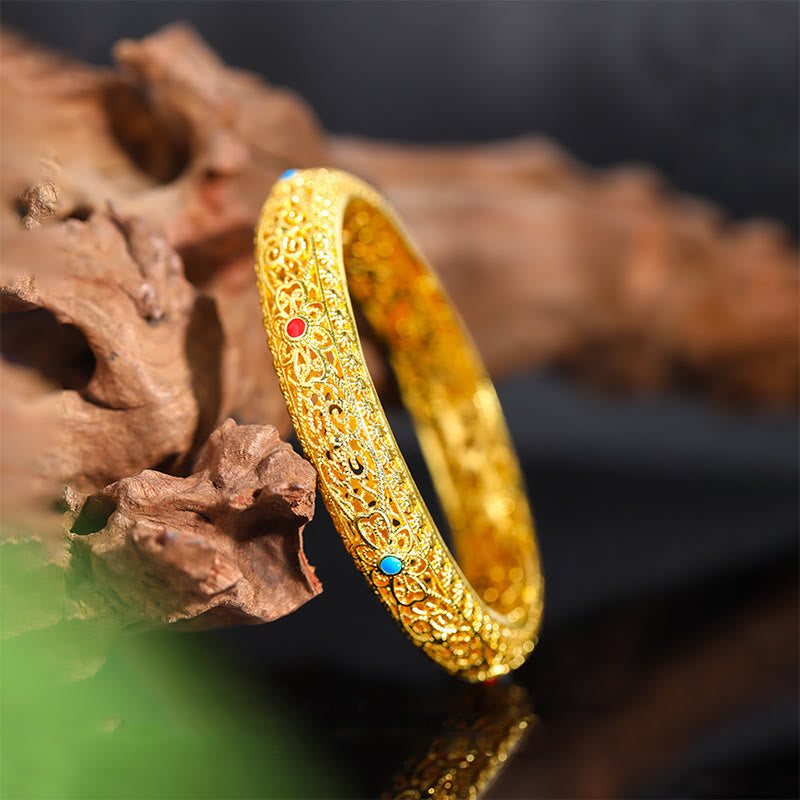 Fortune Jewel Copper Plated Gold Flowers Vine Pattern Luck Bracelet Bangle 2.44 IN (62 MM)