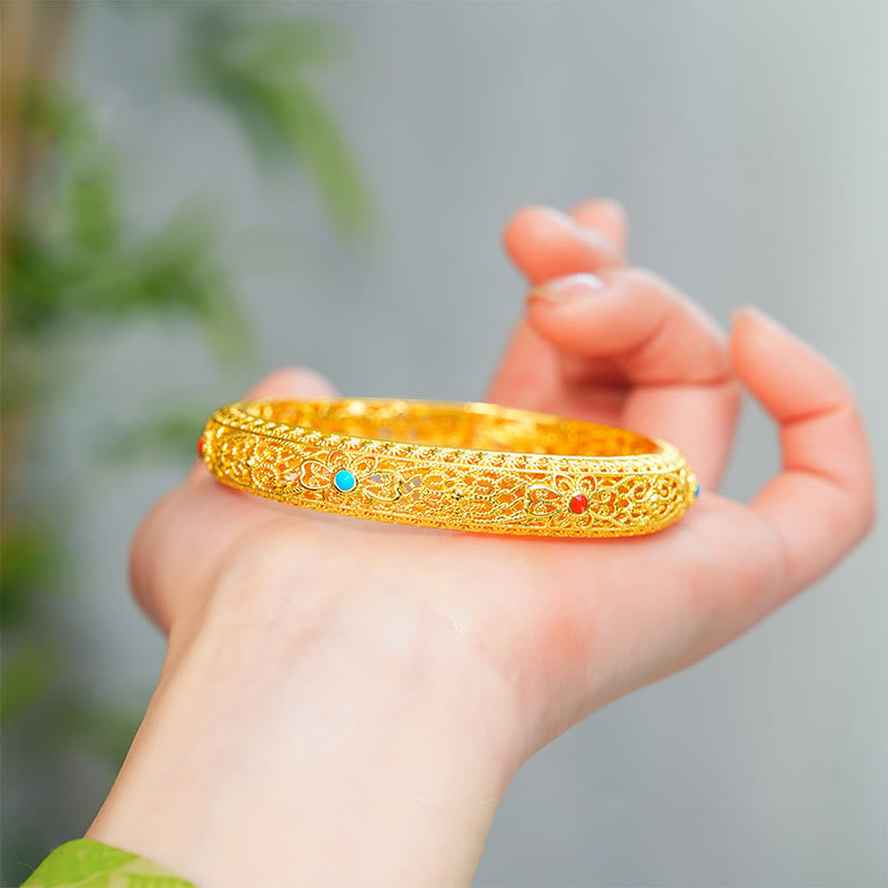 Fortune Jewel Copper Plated Gold Flowers Vine Pattern Luck Bracelet Bangle 2.44 IN (62 MM)
