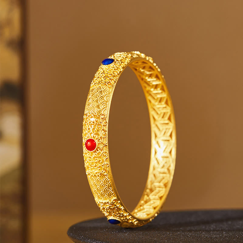 Fortune Jewel 925 Sterling Silver Golden Auspicious Clouds Hollow Design Protection Bracelet Bangle 2.20 IN (56 MM)