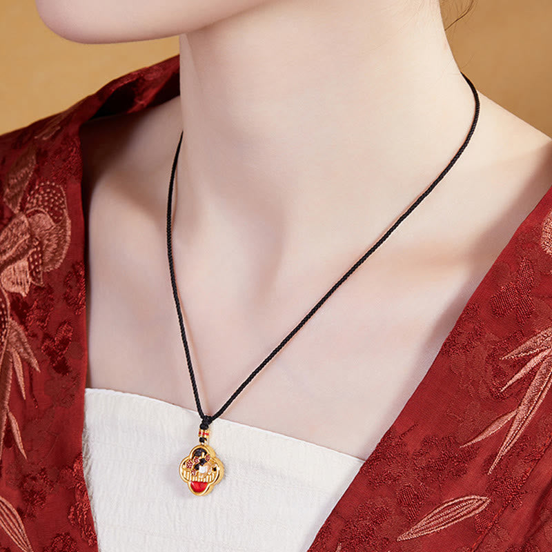 Fortune Jewel 925 Sterling Silver Plum Blossom Cat Four Leaf Clover Blessing Necklace Pendant