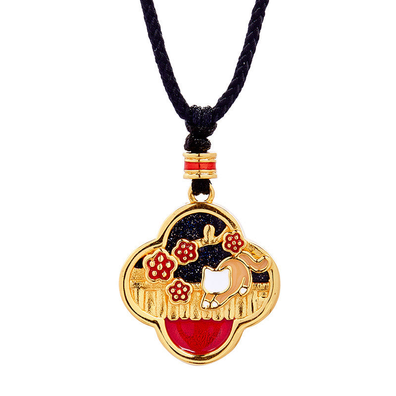 Fortune Jewel 925 Sterling Silver Plum Blossom Cat Four Leaf Clover Blessing Necklace Pendant