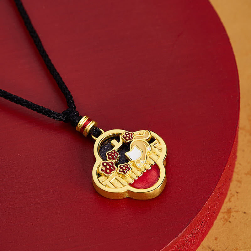 Fortune Jewel 925 Sterling Silver Plum Blossom Cat Four Leaf Clover Blessing Necklace Pendant