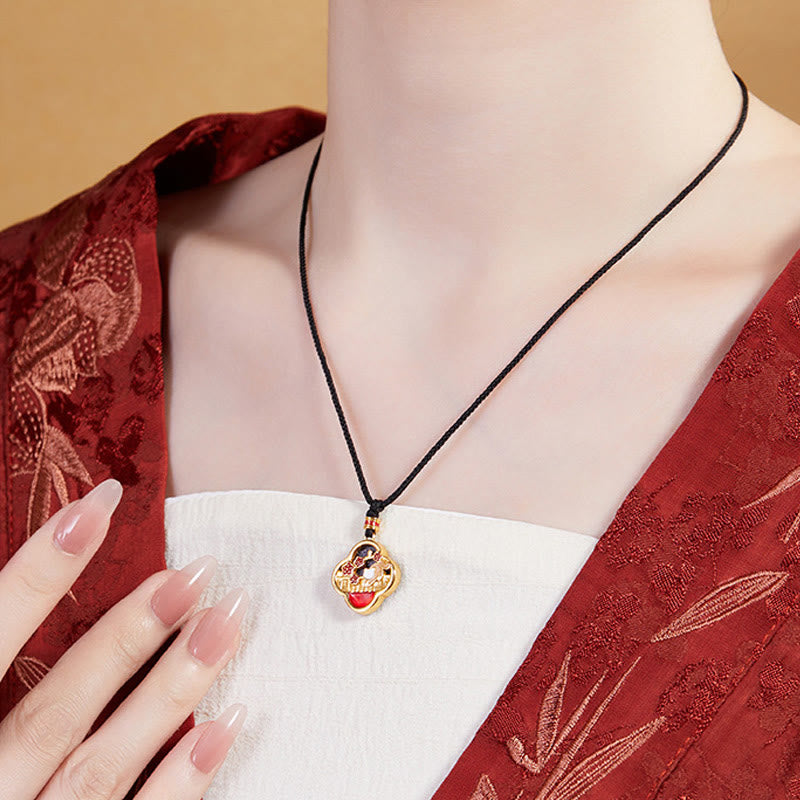 Fortune Jewel 925 Sterling Silver Plum Blossom Cat Four Leaf Clover Blessing Necklace Pendant