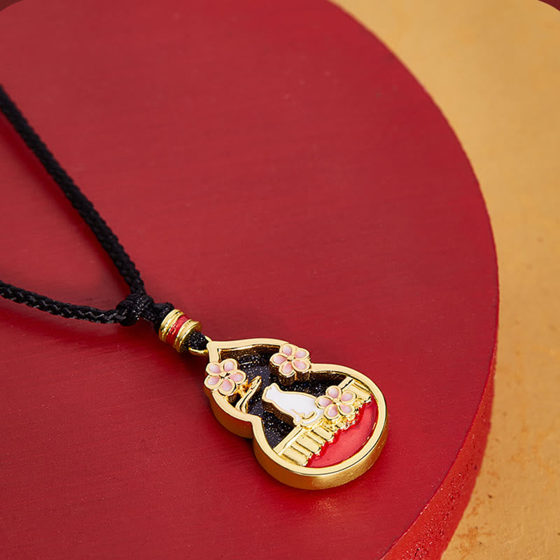 Fortune Jewel 925 Sterling Silver Peach Blossom Cat Gourd Pattern Protection Necklace Pendant