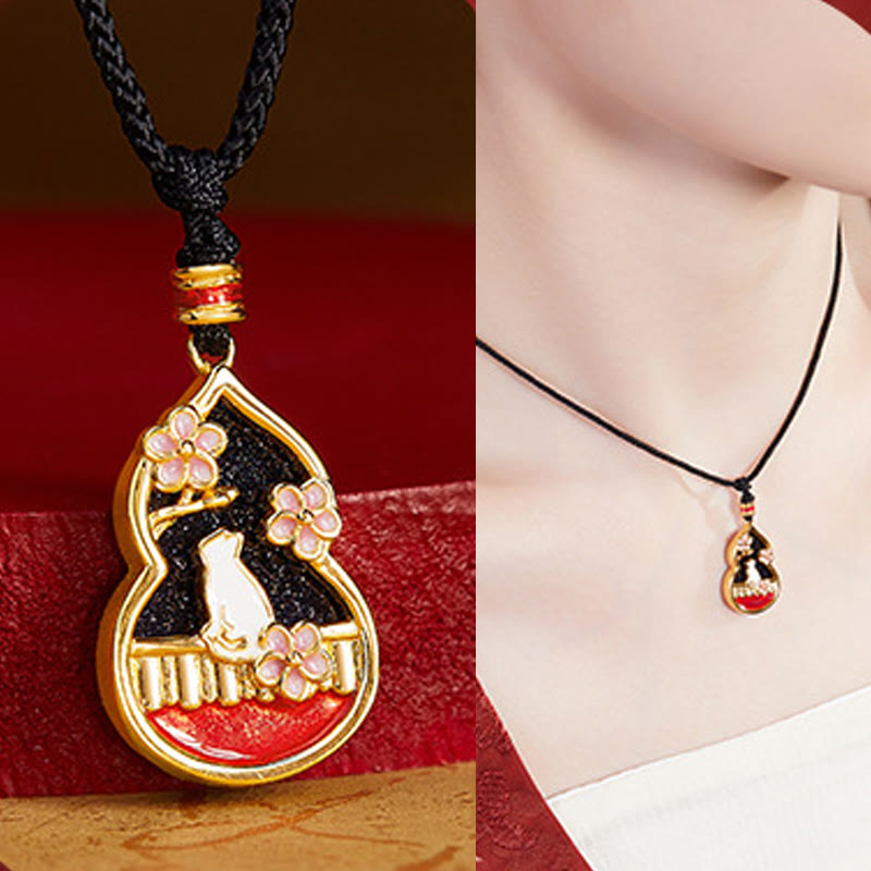 Fortune Jewel 925 Sterling Silver Peach Blossom Cat Gourd Pattern Protection Necklace Pendant