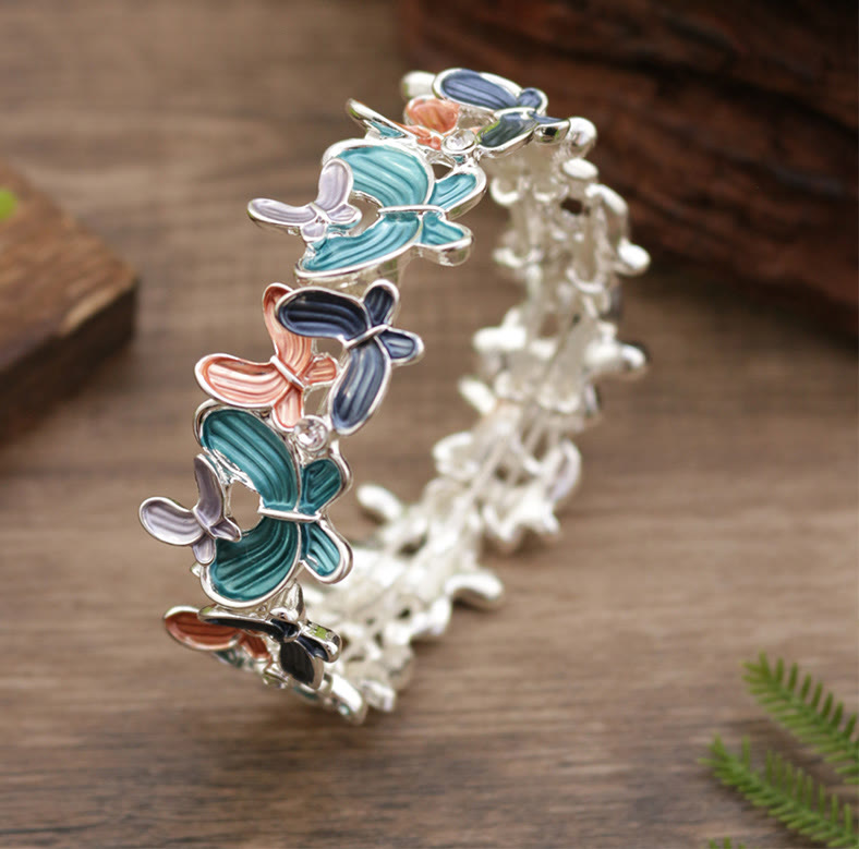 Fortune Jewel Colorful Butterfly Love Alloy Elastic Bracelet Bangle