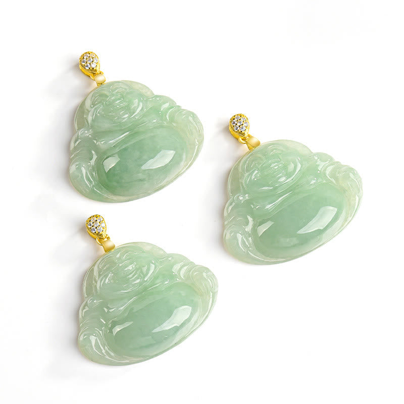 Fortune Jewel Natural Jade Laughing Buddha Luck Prosperity Titanium Steel Chain Necklace Pendant