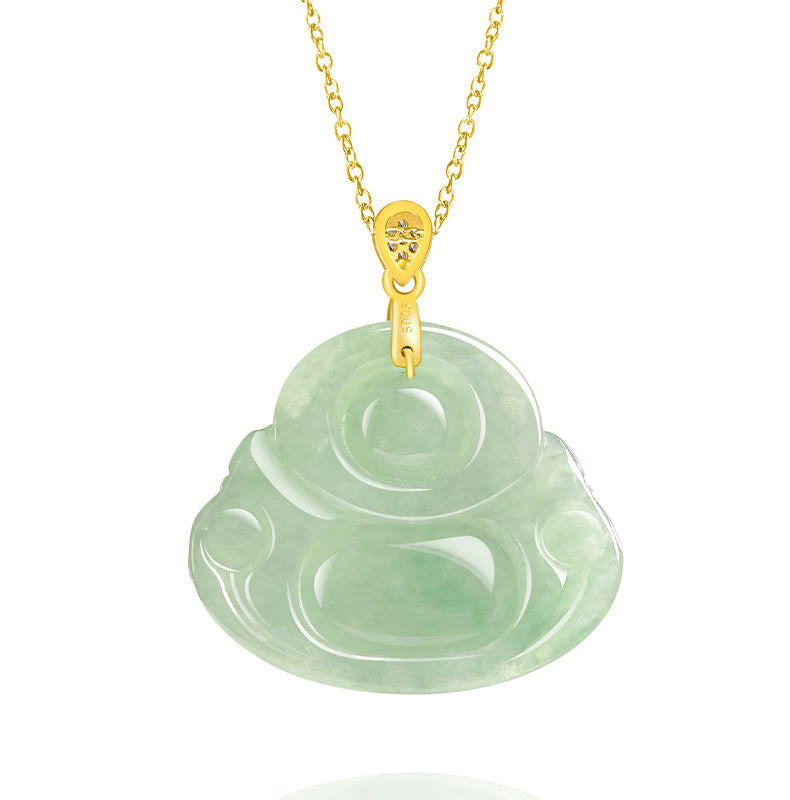 Fortune Jewel Natural Jade Laughing Buddha Luck Prosperity Titanium Steel Chain Necklace Pendant