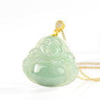 Fortune Jewel Natural Jade Laughing Buddha Luck Prosperity Titanium Steel Chain Necklace Pendant
